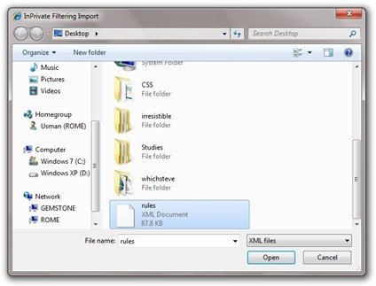 InPrivate Filtering Import